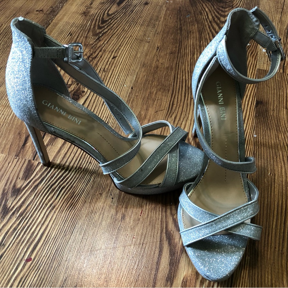 Gianni Bini, Glitter Ankle Strap Platform Heels, Silver